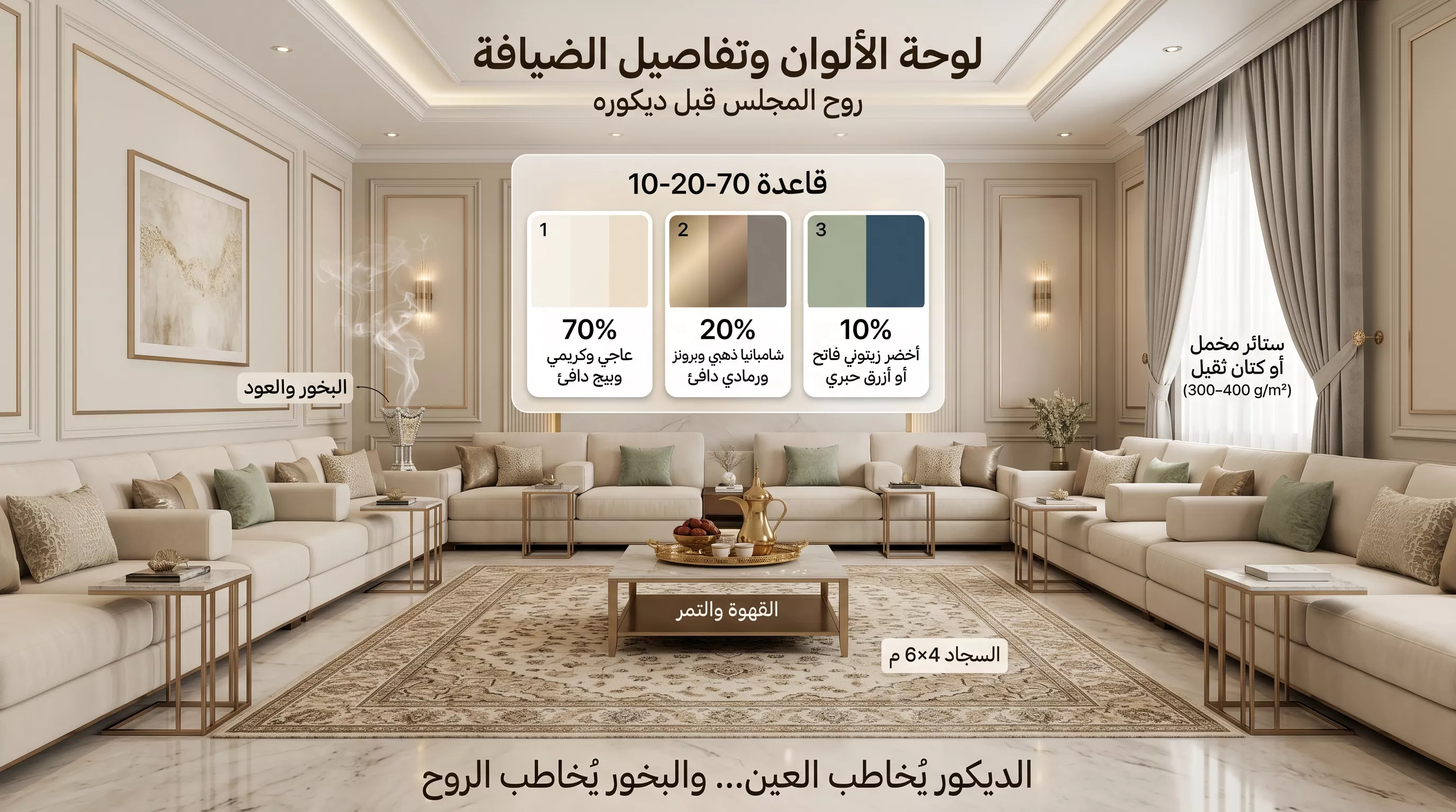 A luxurious infographic in Arabic illustrates the color palette and hospitality details of the VIP Majlis for receiving pilgrims in 2025, applying the 70-20-10 rule with ivory, cream, and warm beige colors, and touches of champagne gold, bronze, and warm gray, in addition to details of incense, oud, coffee, dates, carpets, and curtains inside a luxurious Saudi Majlis.